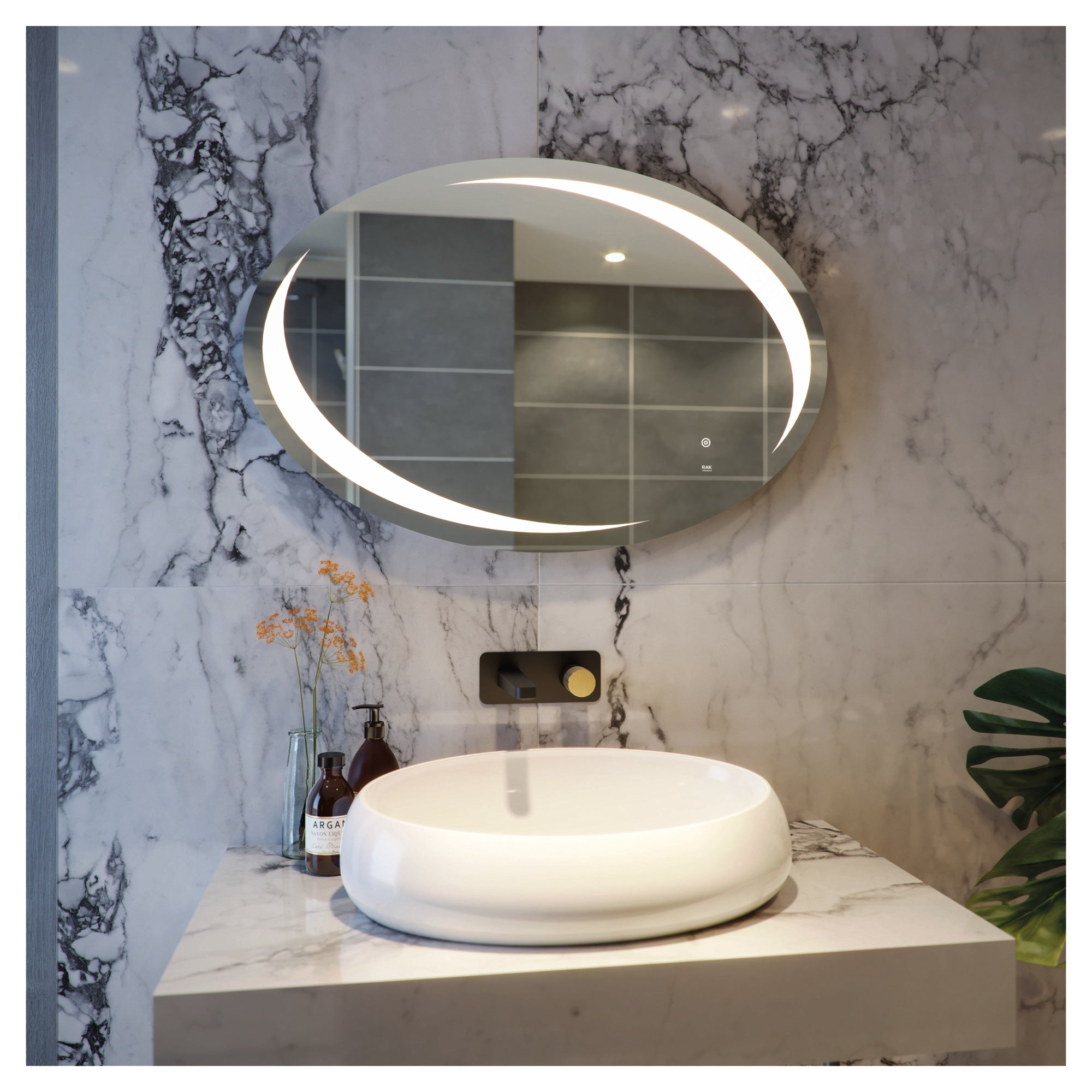 RAK Hades Oval Illuminated LED Bathroom Mirror with Demister & Touch Sensor, 900x600mm
