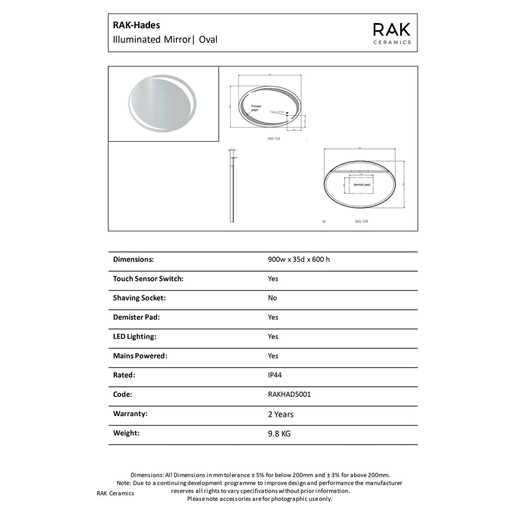 RAK Hades Oval Illuminated LED Bathroom Mirror with Demister & Touch Sensor, 900x600mm