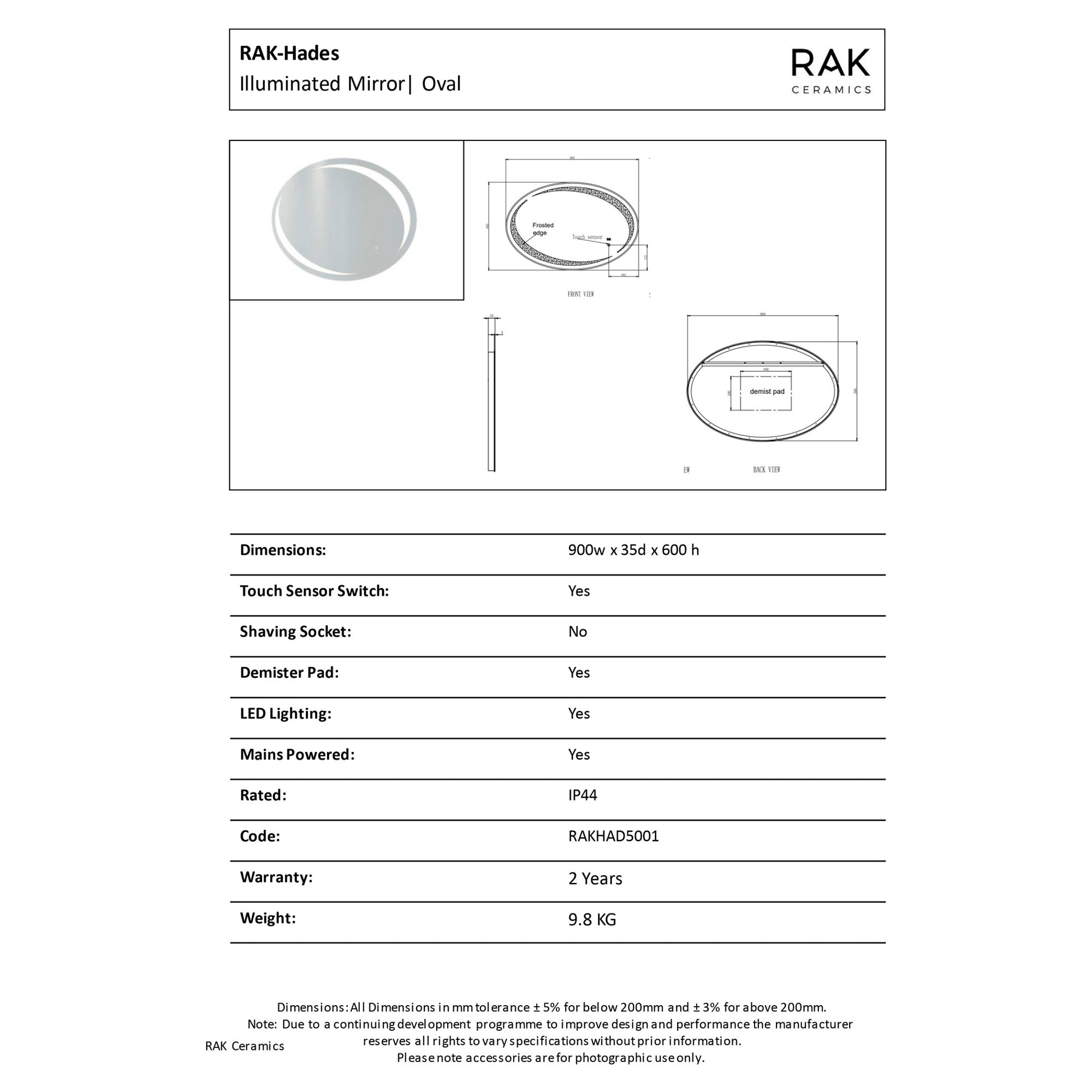 RAK Hades Oval Illuminated LED Bathroom Mirror with Demister & Touch Sensor, 900x600mm