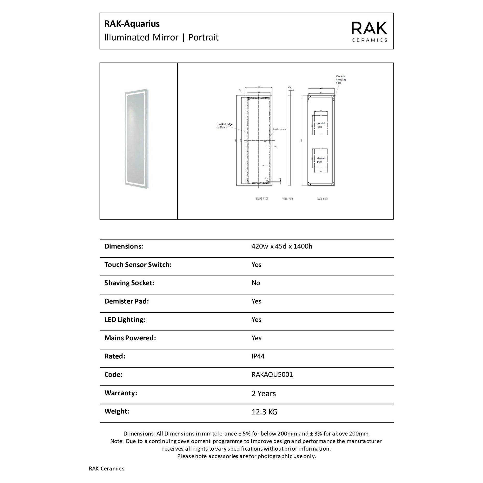 RAK Aquarius 420x1400mm Rectangular Silvery White LED Illuminated Bathroom Mirror with Touch Sensor & Demister Pad, IP44 Rated