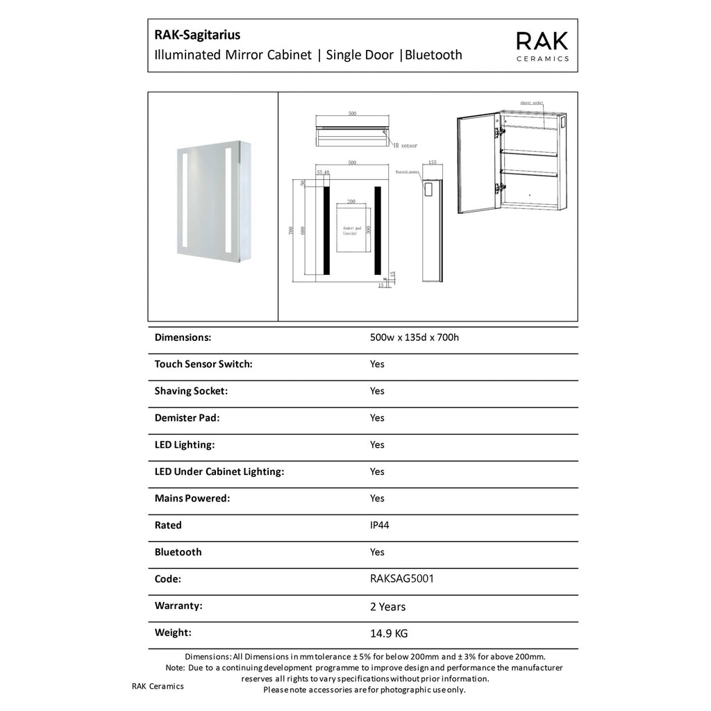 RAK Sagittarius 500x700mm Rectangular Illuminated Bathroom Mirror Cabinet with Bluetooth, Demister & Shaving Socket