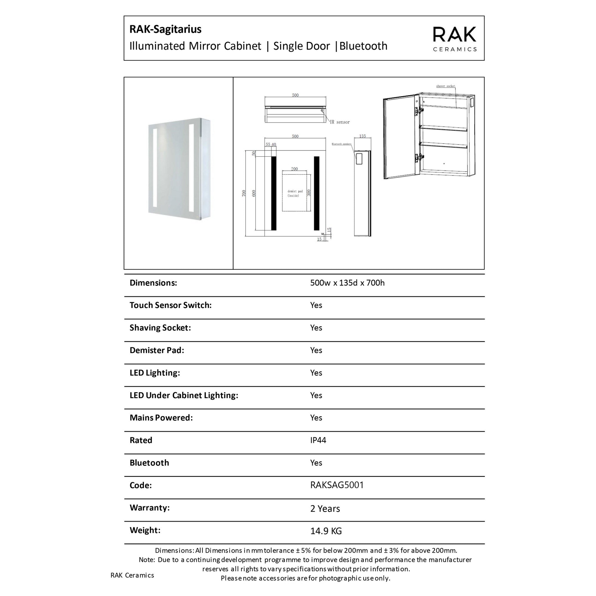 RAK Sagittarius 500x700mm Rectangular Illuminated Bathroom Mirror Cabinet with Bluetooth, Demister & Shaving Socket