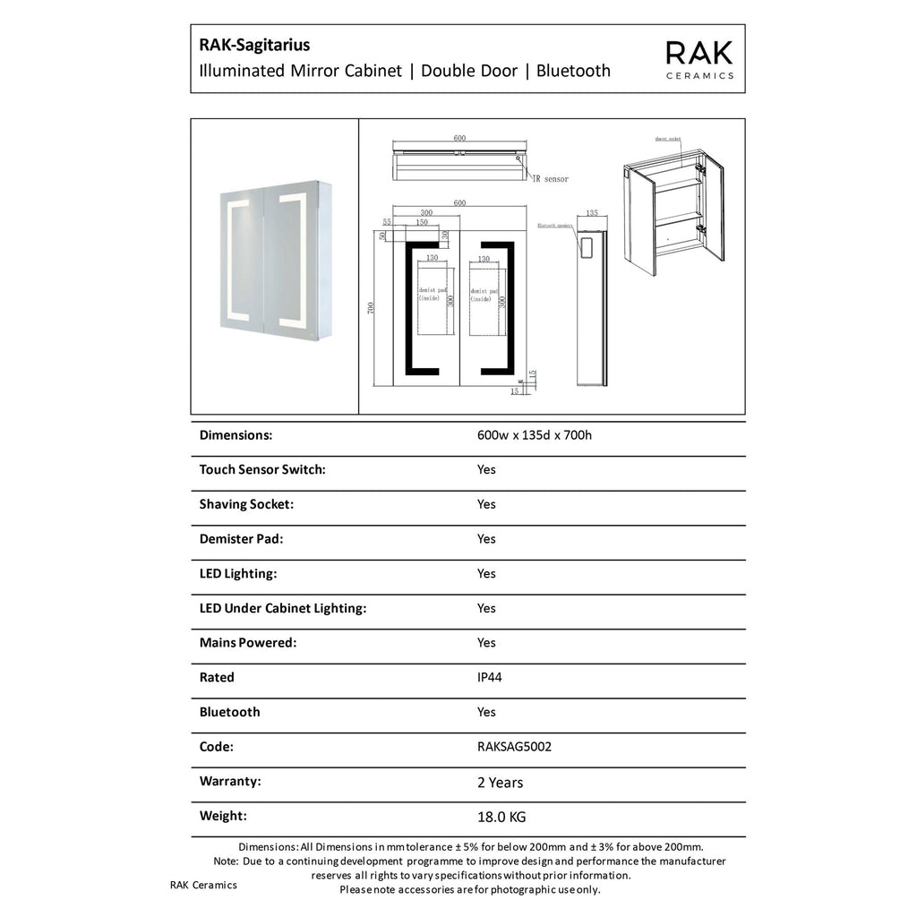 RAK Sagittarius 600x700mm LED Illuminated Bathroom Mirror Cabinet with Bluetooth