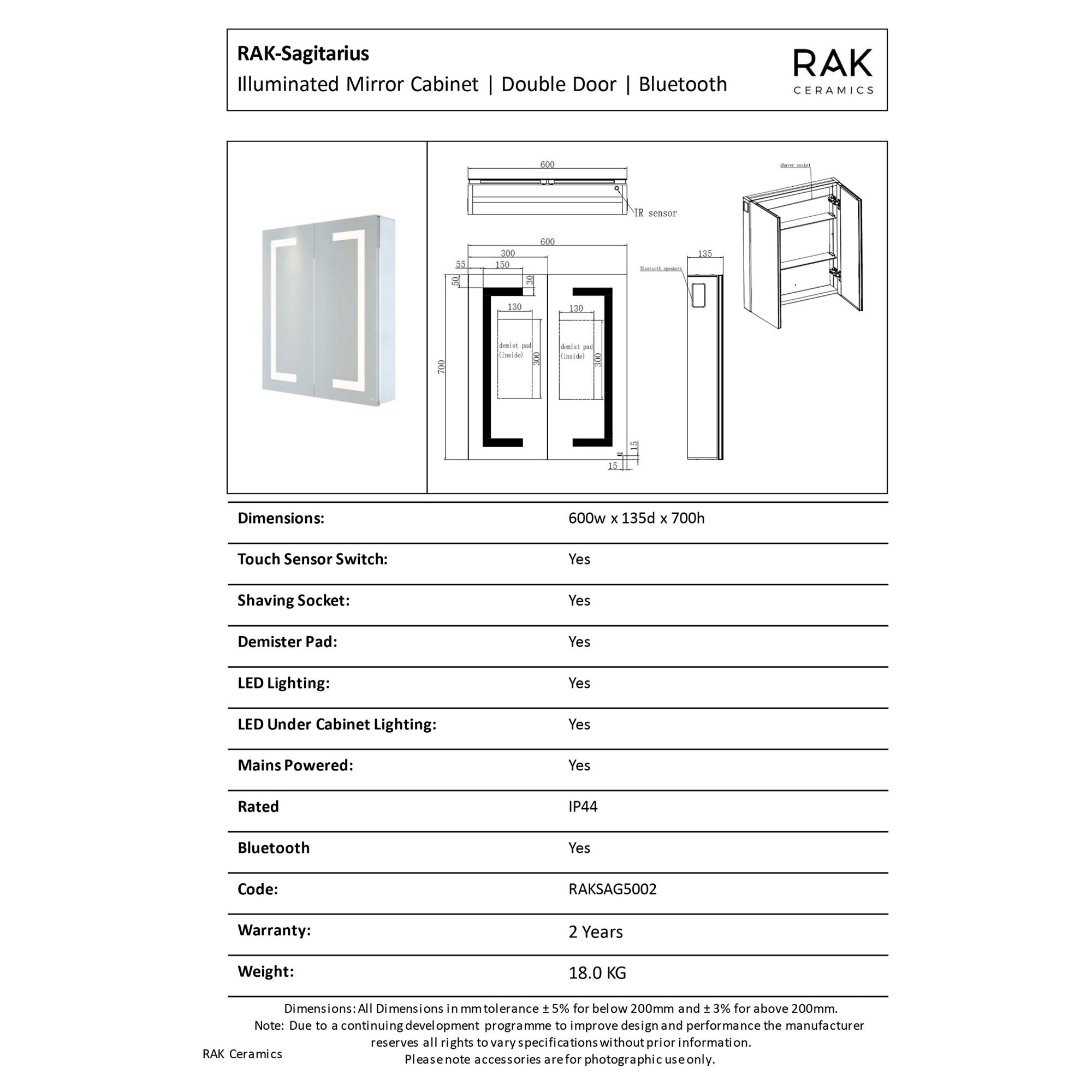 RAK Sagittarius 600x700mm LED Illuminated Bathroom Mirror Cabinet with Bluetooth