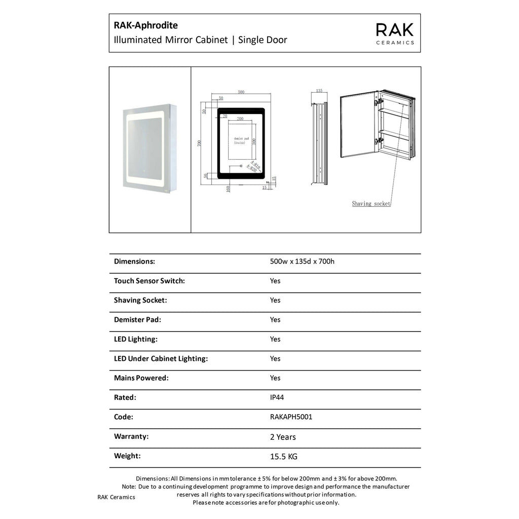 RAK Aphrodite 500x700mm Rectangular Illuminated Bathroom Mirror Cabinet with Demister, Shaving Socket, Touch Sensor & IP44 Rating