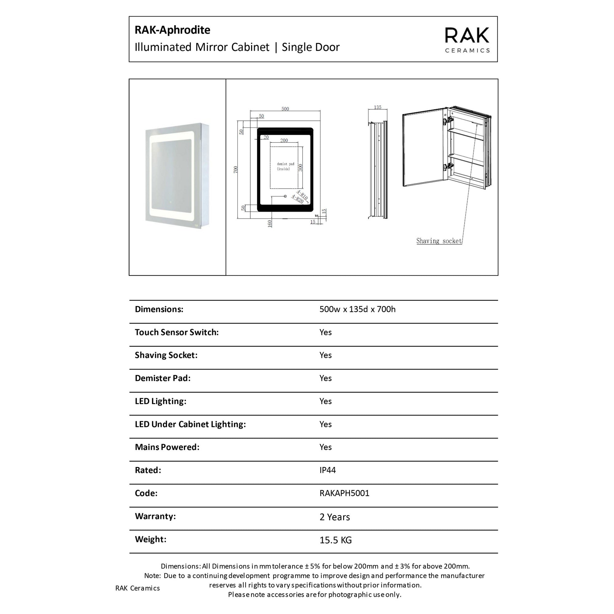 RAK Aphrodite 500x700mm Rectangular Illuminated Bathroom Mirror Cabinet with Demister, Shaving Socket, Touch Sensor & IP44 Rating