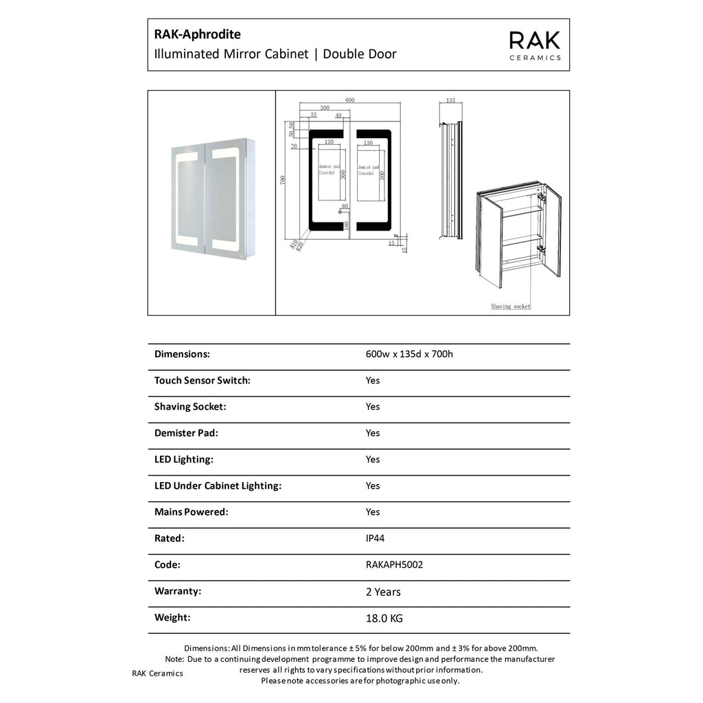 RAK Aphrodite 600x700mm LED Illuminated Double Door Bathroom Mirror Cabinet with Demister & Shaving Socket
