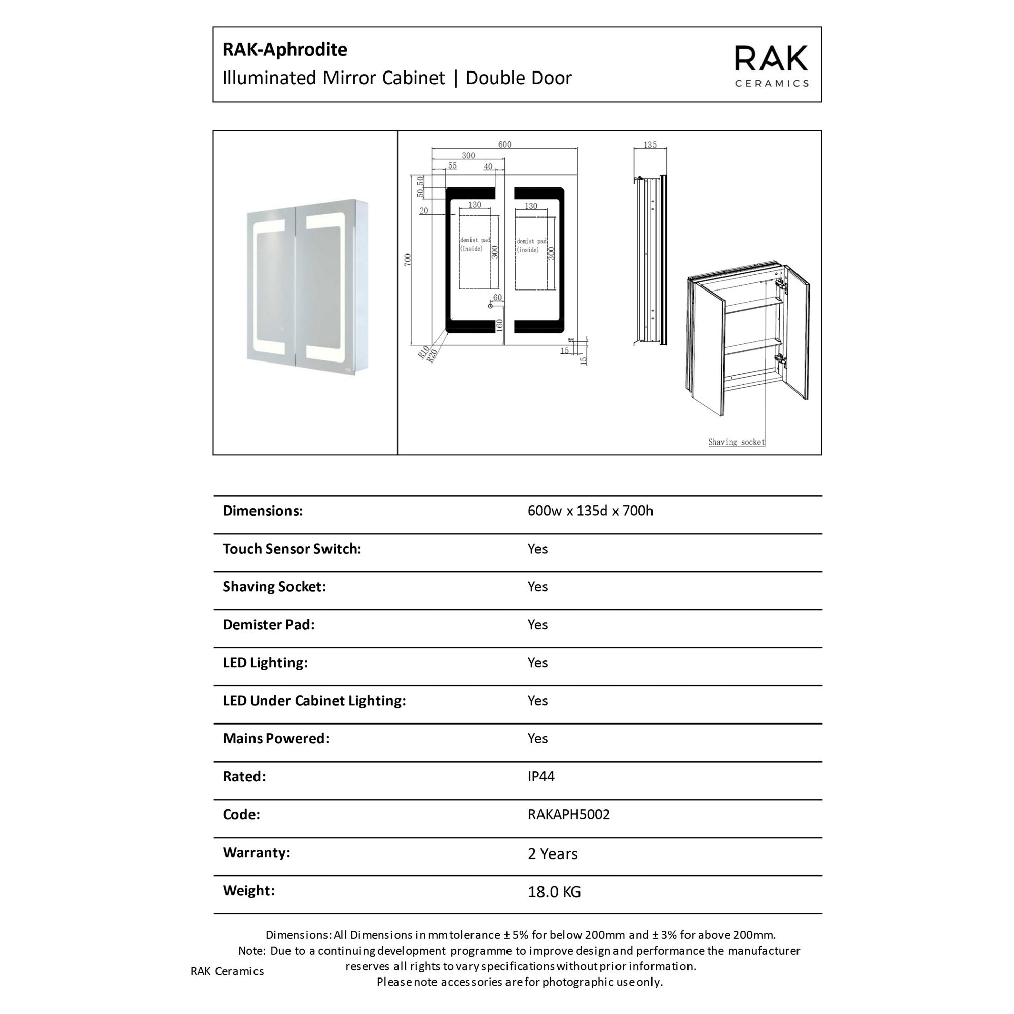 RAK Aphrodite 600x700mm LED Illuminated Double Door Bathroom Mirror Cabinet with Demister & Shaving Socket
