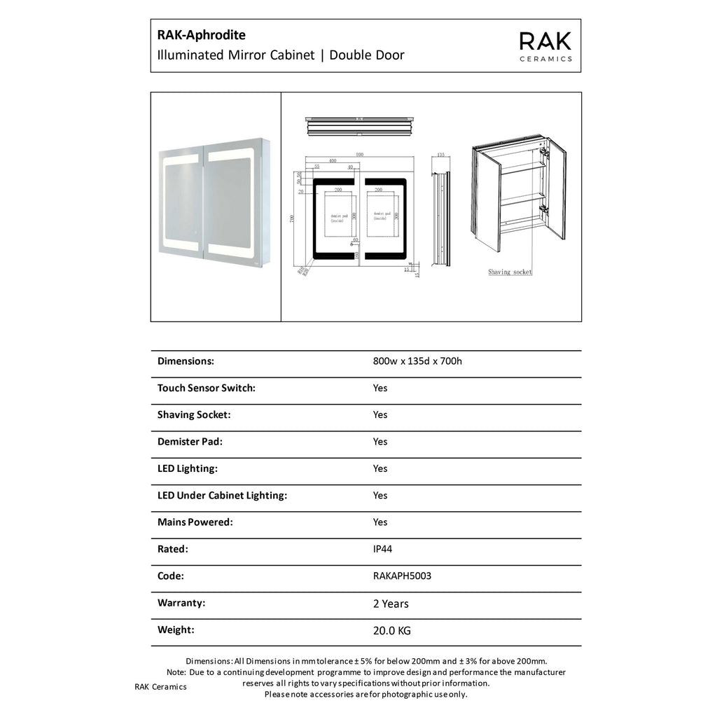 RAK Aphrodite 800x700mm Illuminated Bathroom Mirror Cabinet with Touch Sensor, Demister & Shaving Socket, IP44