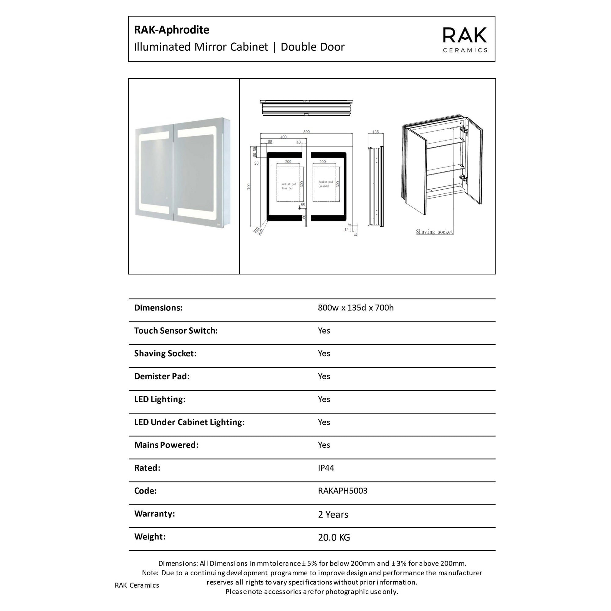 RAK Aphrodite 800x700mm Illuminated Bathroom Mirror Cabinet with Touch Sensor, Demister & Shaving Socket, IP44