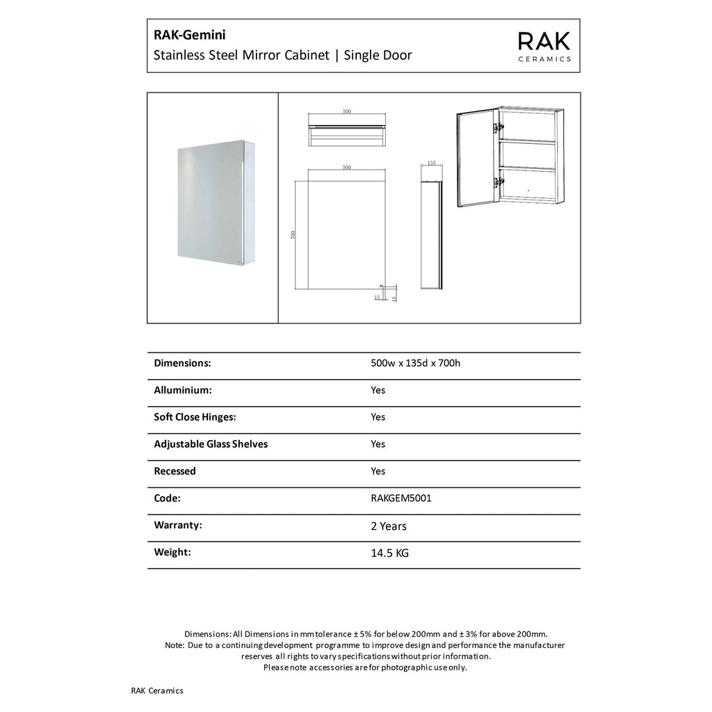RAK Gemini 500x700mm Silvery White Square LED Illuminated Bathroom Mirror Cabinet