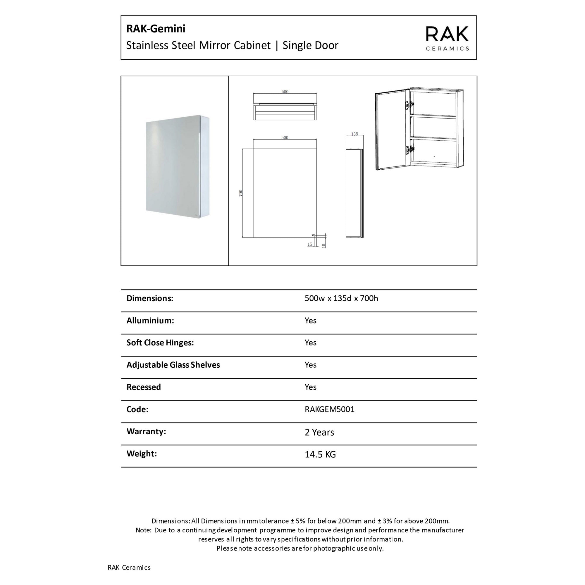 RAK Gemini 500x700mm Silvery White Square LED Illuminated Bathroom Mirror Cabinet