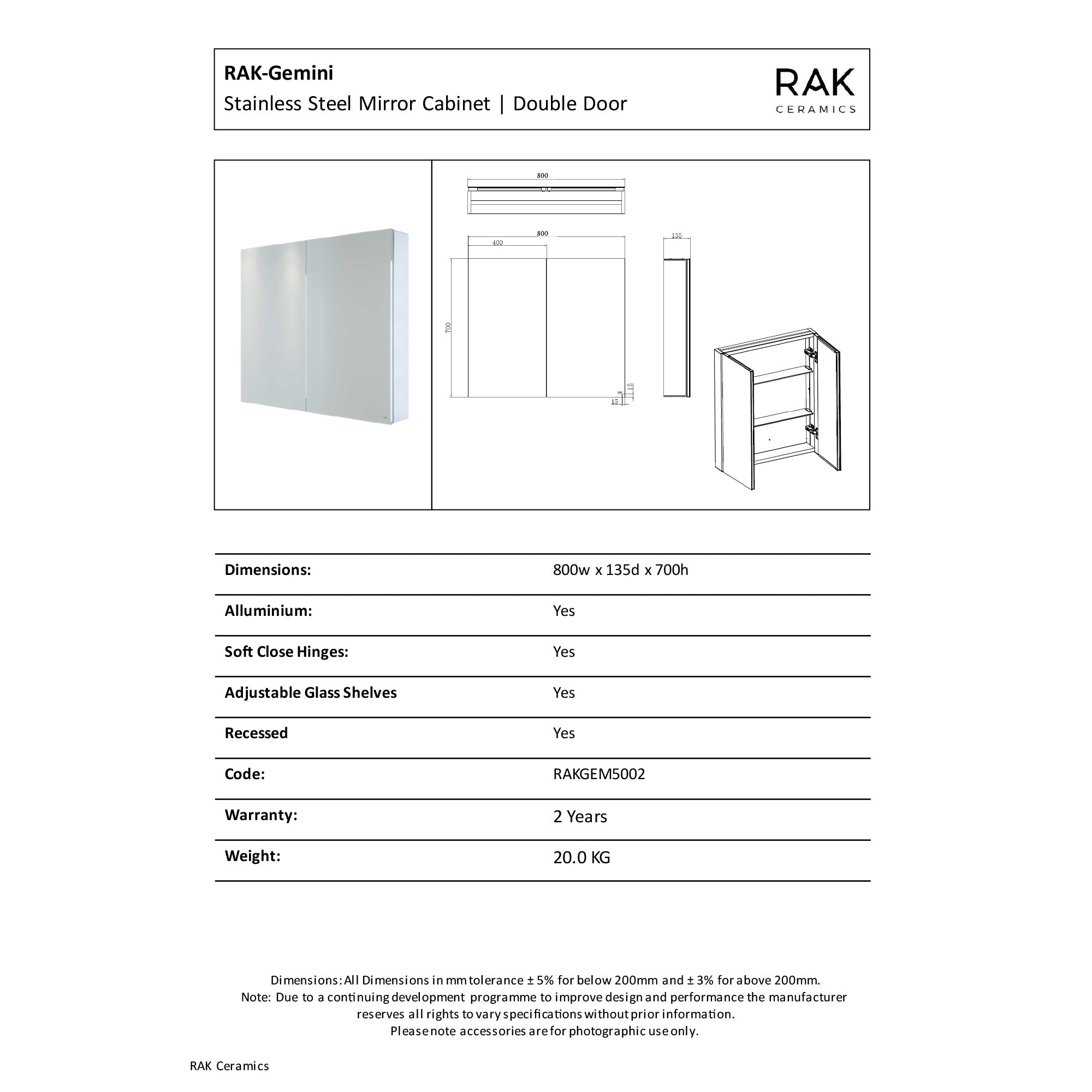 RAK Gemini 800x700mm Silvery White Square Illuminated Mirror Cabinet