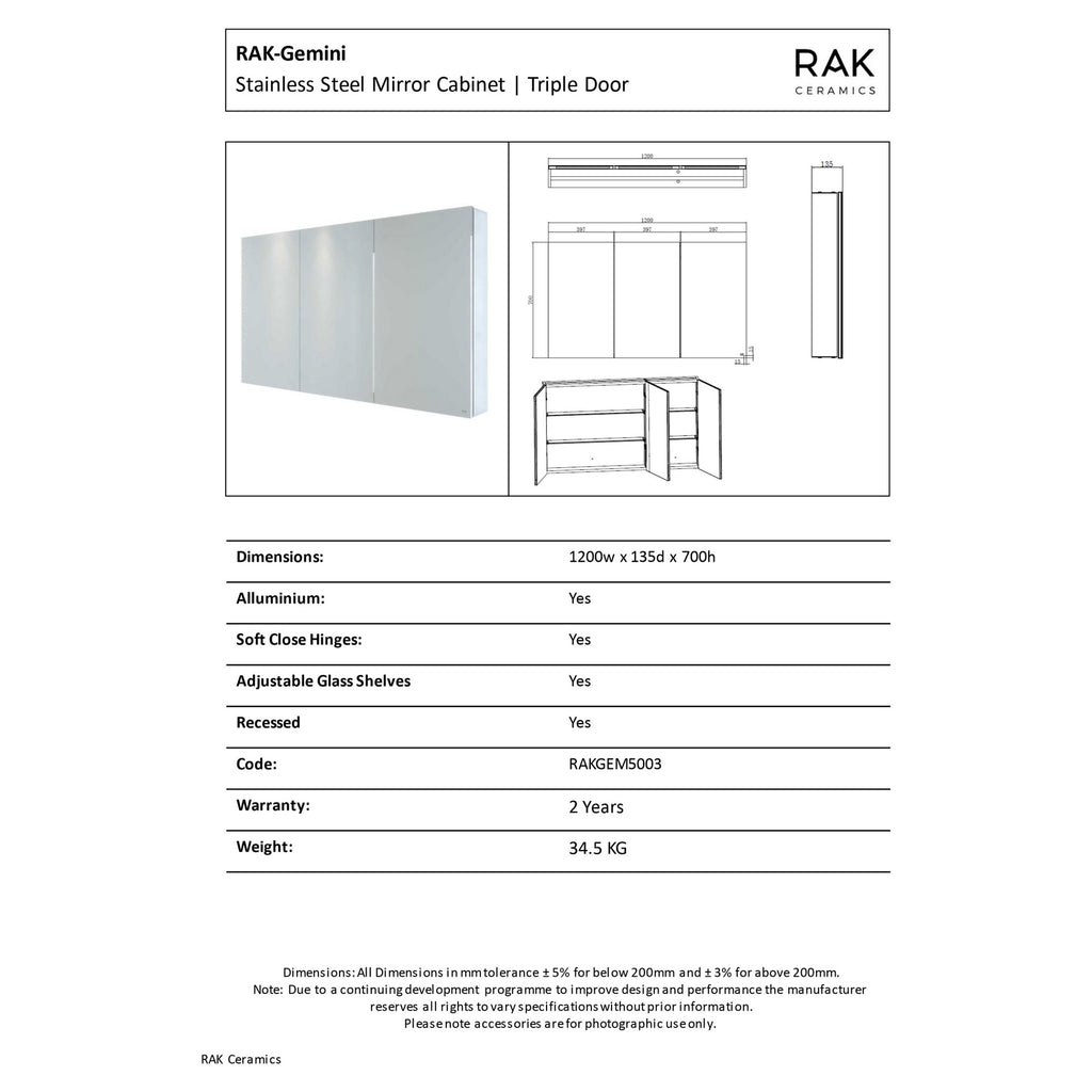 RAK Gemini 1200x700mm Silvery White Rectangular LED Illuminated Bathroom Mirror Cabinet