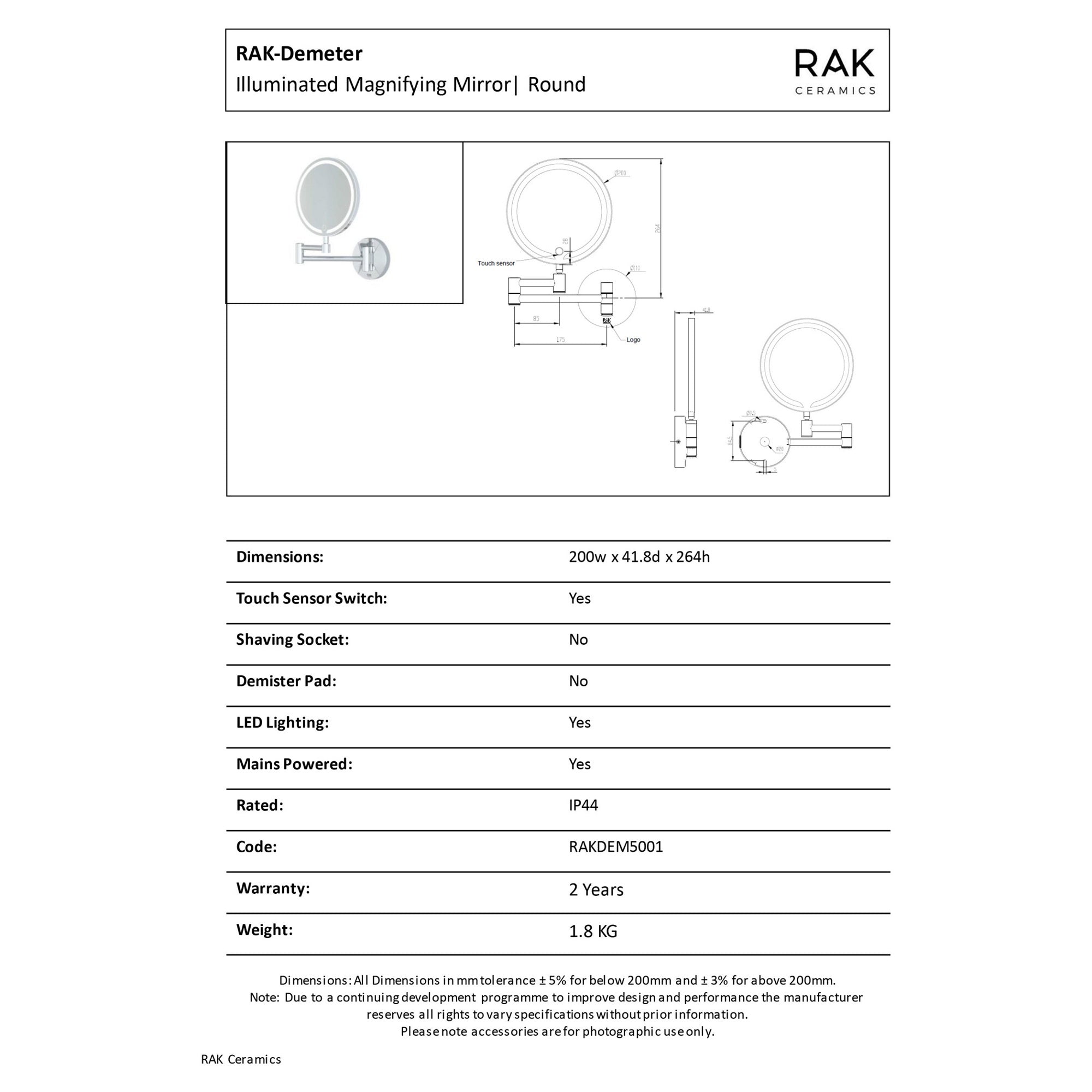 RAK Demeter Chrome Round LED Illuminated Magnifying Extending Bathroom Mirror IP44