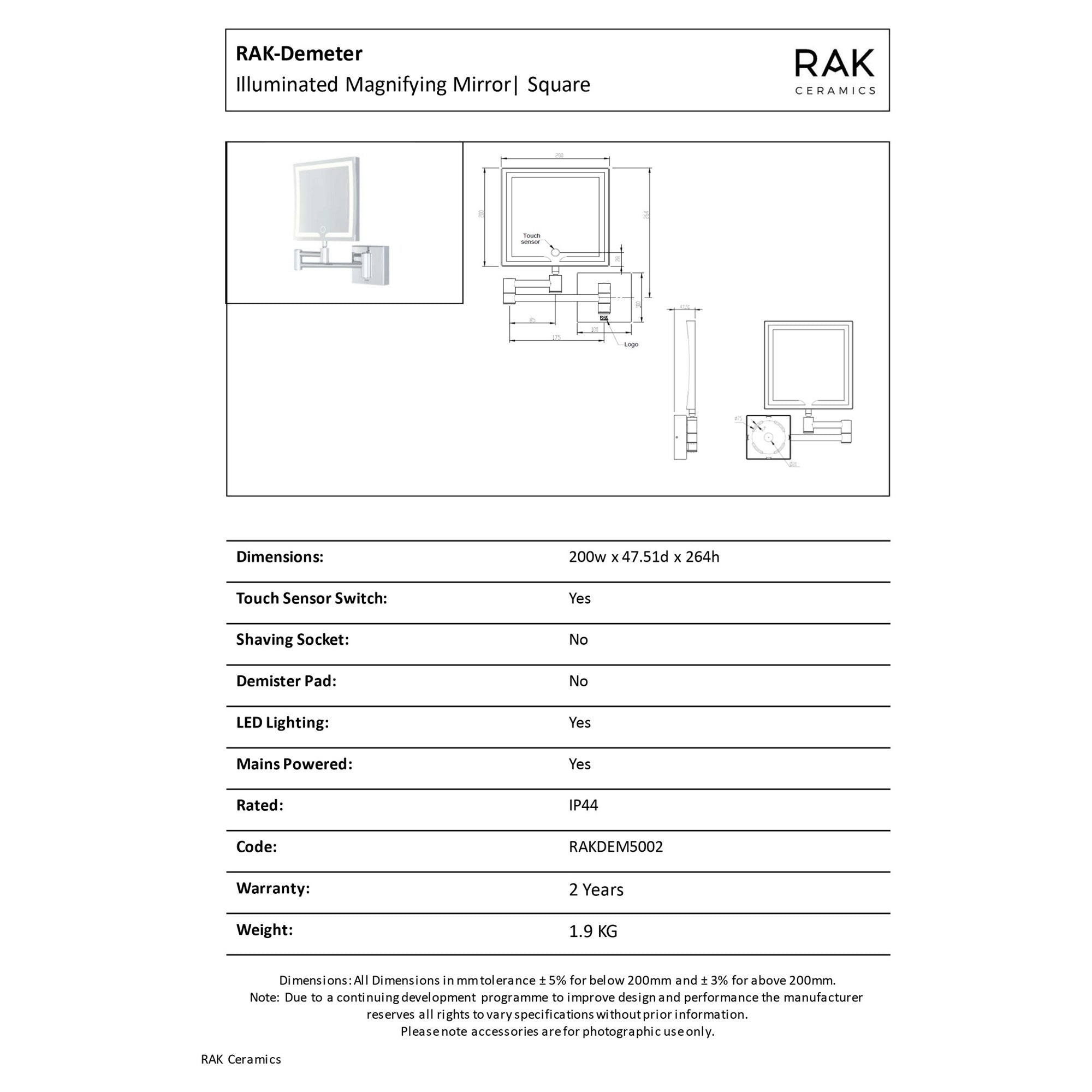 RAK Demeter 200x264mm Chrome Extending Square LED Bathroom Mirror with Touch Sensor, IP44 Rated