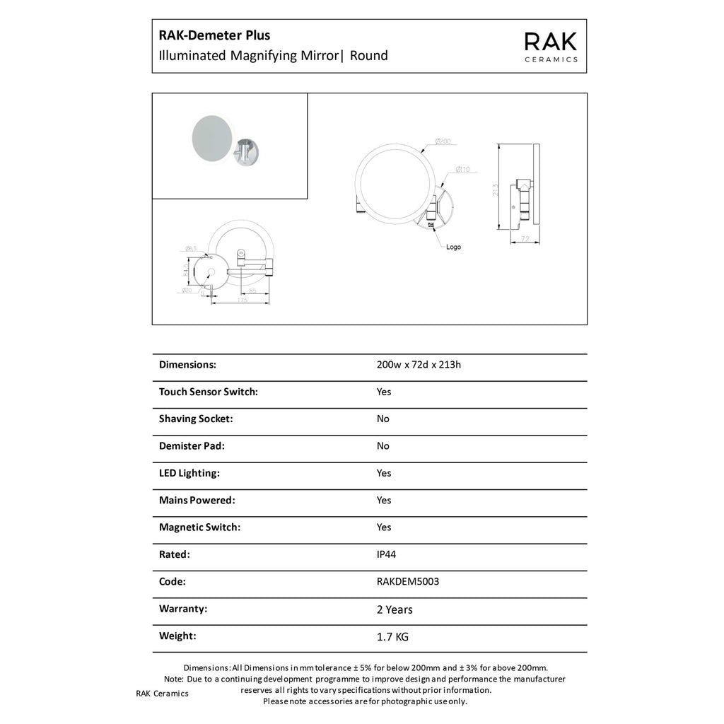 RAK Demeter Plus 200mm Round Chrome Magnetic Switch Illuminated Magnifying Bathroom Mirror IP44