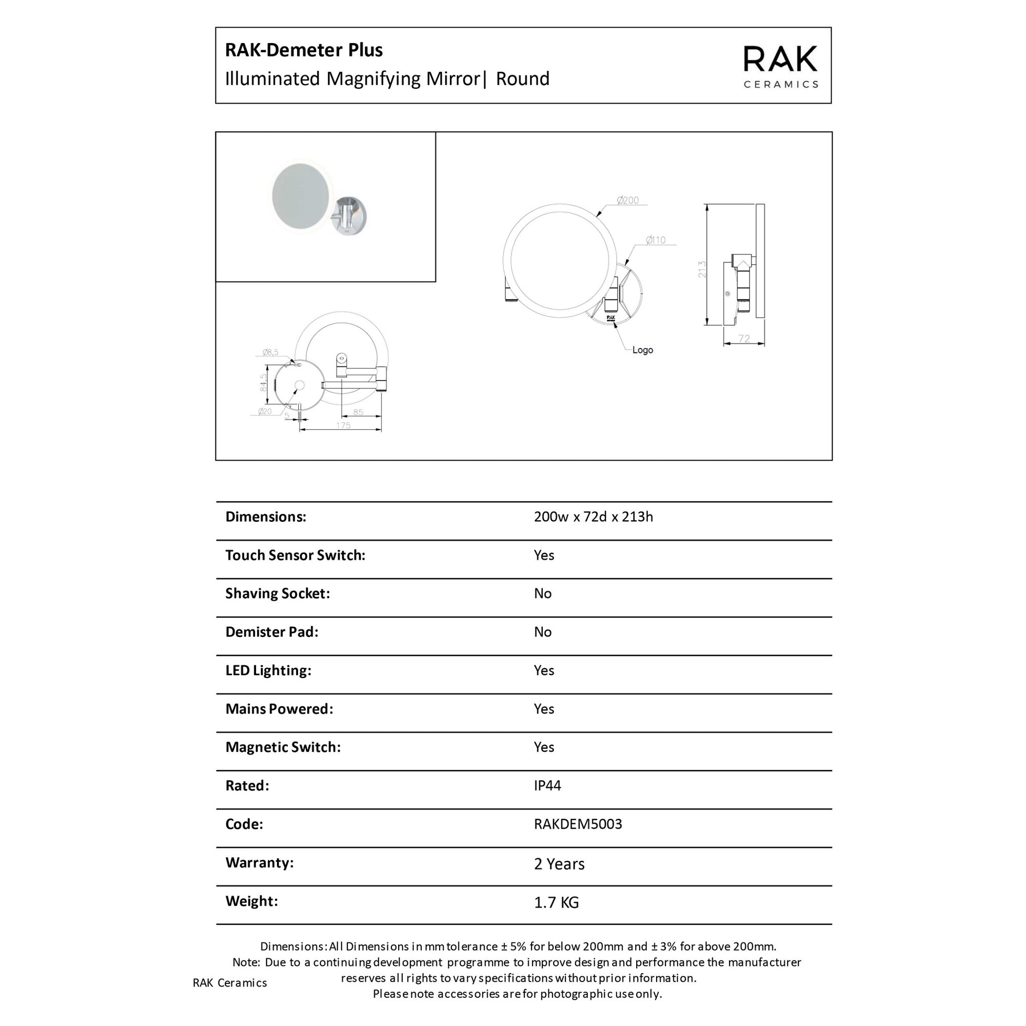 RAK Demeter Plus 200mm Round Chrome Magnetic Switch Illuminated Magnifying Bathroom Mirror IP44