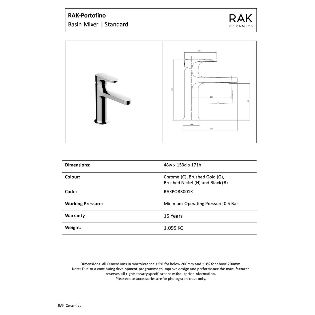 RAK Portofino Brushed Gold Modern Basin Mixer Tap - Solid Brass, Single Lever, WRAS Approved