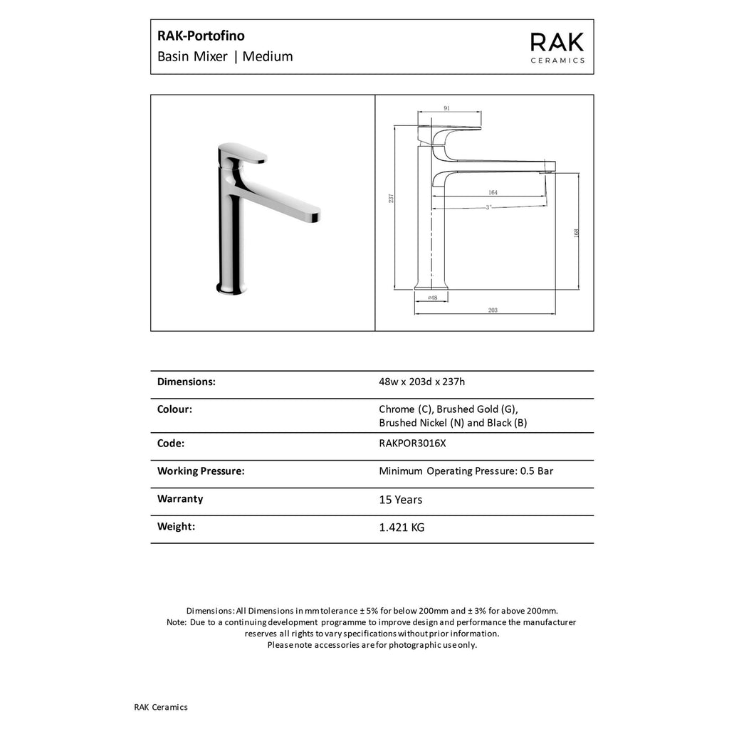 RAK Portofino Mid-Height Matt Black Basin Mixer Tap - Modern Solid Brass Design with 15-Year Guarantee