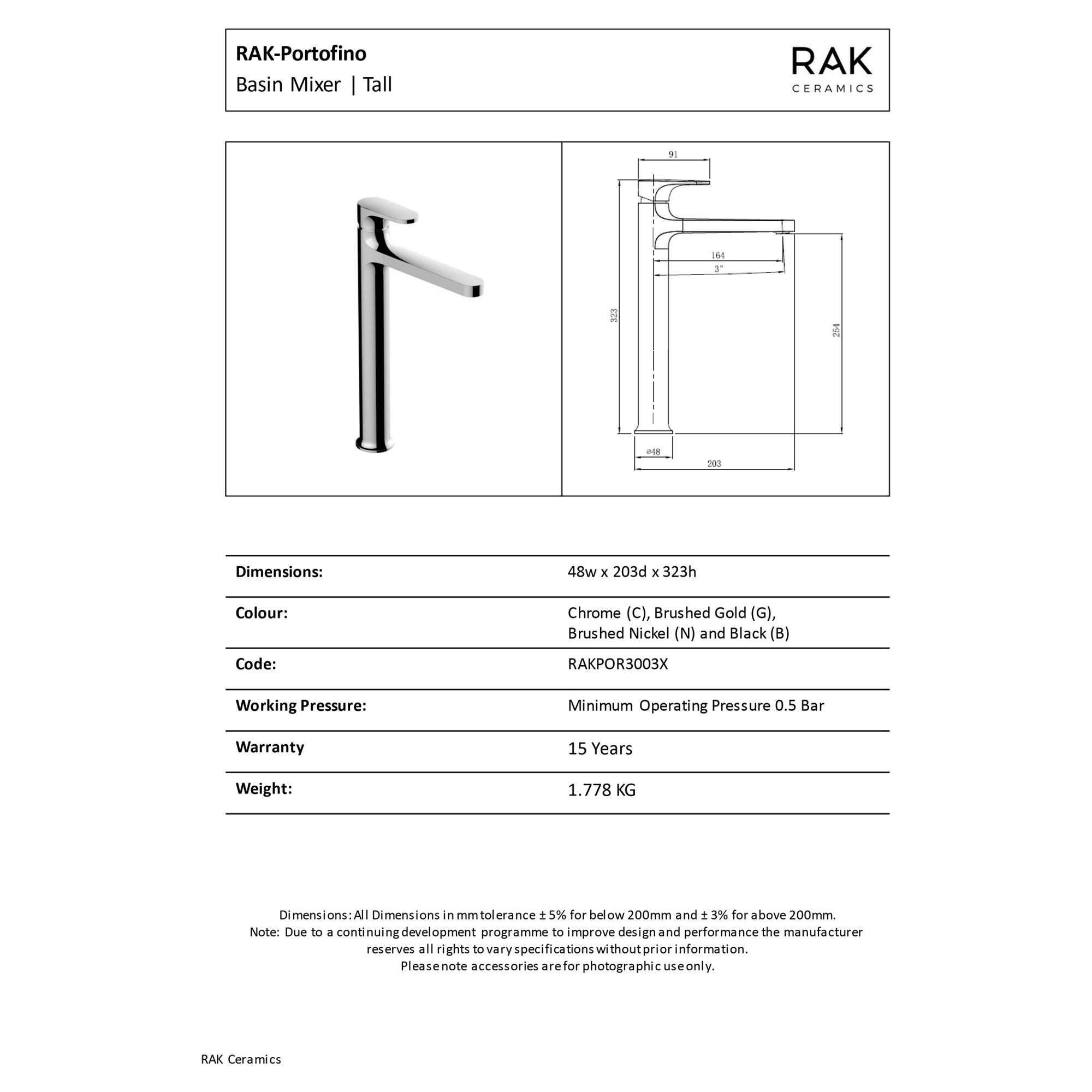 RAK Portofino Tall Polished Chrome Basin Mixer Tap - Solid Brass, 15-Year Guarantee