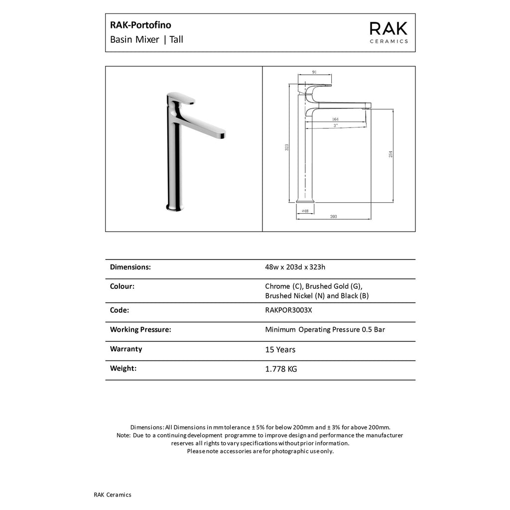RAK Portofino Tall Basin Mixer Tap - Brushed Nickel, Modern Design & Solid Brass Construction