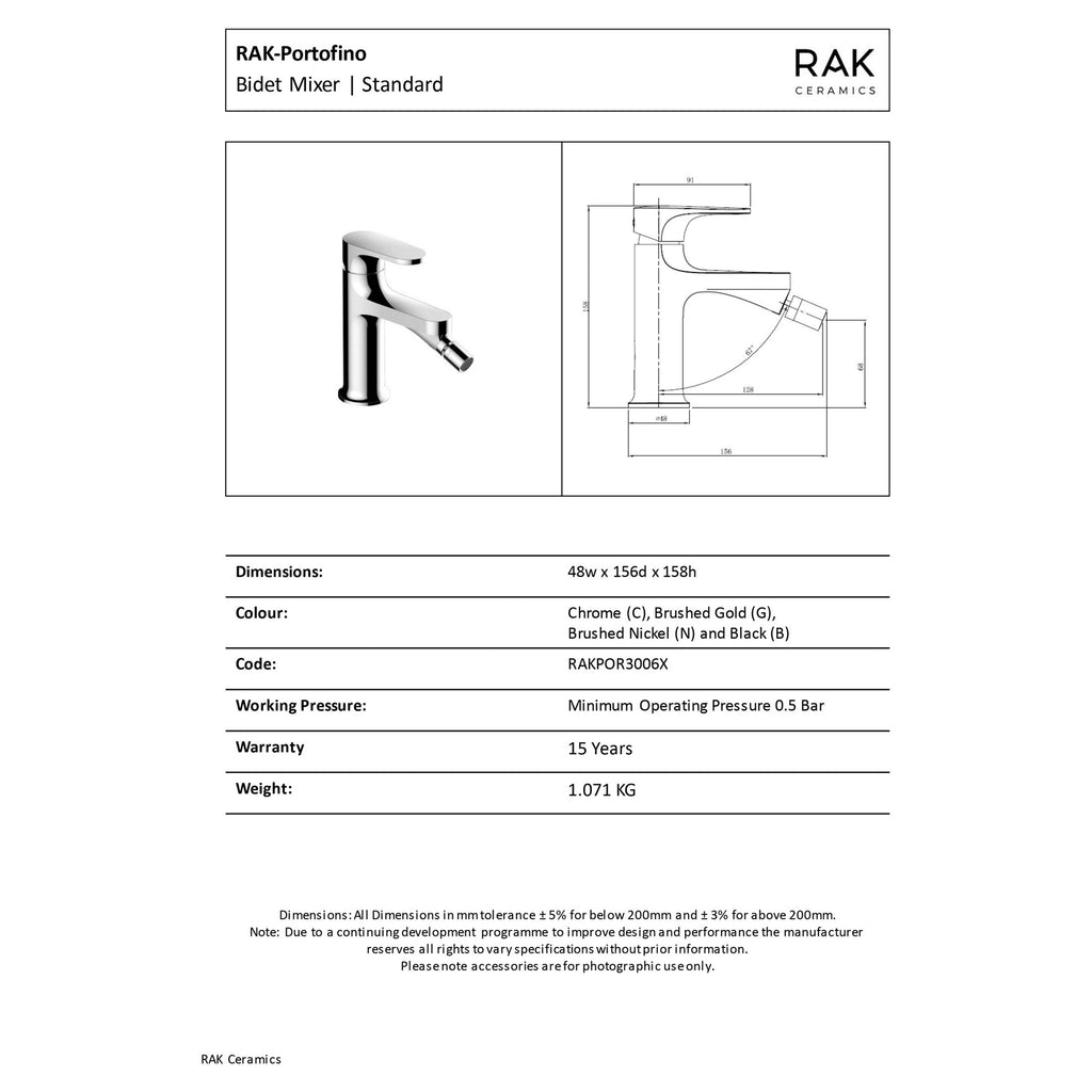 RAK Portofino Brushed Nickel Bidet Mixer Tap - Solid Brass, WRAS Approved