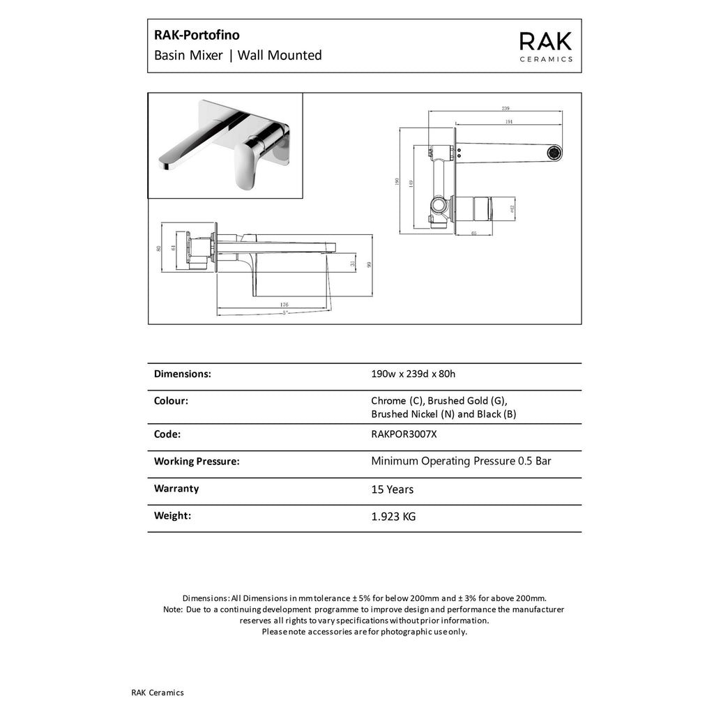 RAK Portofino Modern Wall Mounted Basin Mixer Tap - Polished Chrome Finish, Solid Brass