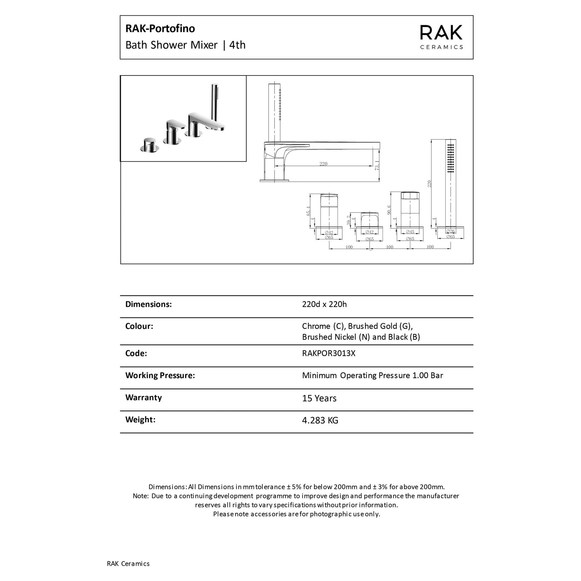 RAK Portofino 4-Hole Brushed Nickel Bath Shower Mixer Tap with Handset - Solid Brass, Modern Design