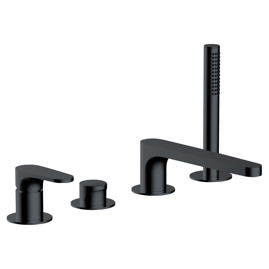 RAK Portofino 4 Hole Matt Black Bath Shower Mixer Tap with Handset - Solid Brass, Deck Mounted