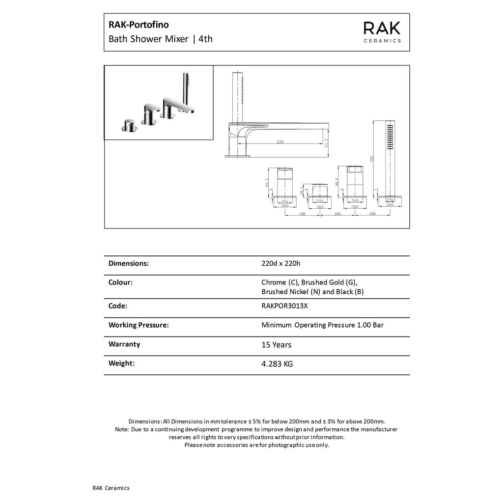 RAK Portofino Modern 4-Hole Brushed Gold Bath Shower Mixer Tap - Solid Brass with Handset