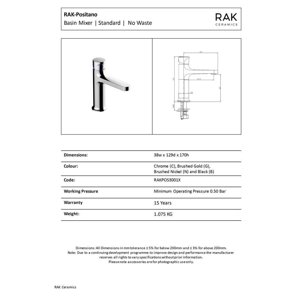 RAK Positano Brushed Gold Modern Basin Mixer Tap - Solid Brass
