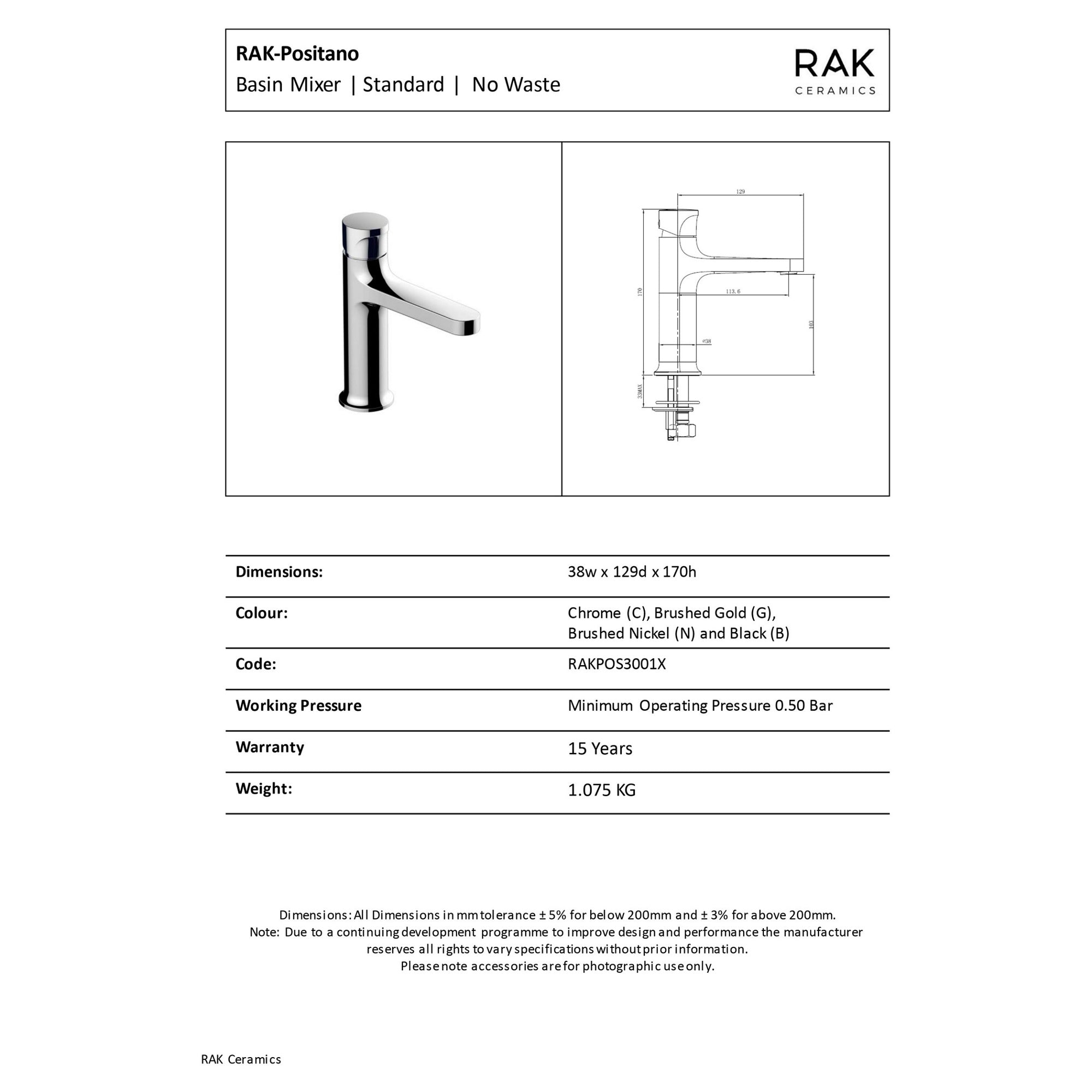 RAK Positano Brushed Gold Modern Basin Mixer Tap - Solid Brass