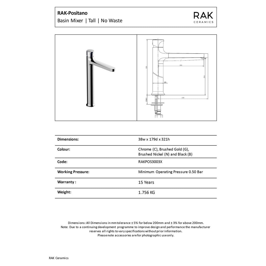 RAK Positano Tall Matt Black Modern Basin Mixer Tap - Solid Brass, Single Lever, WRAS Approved