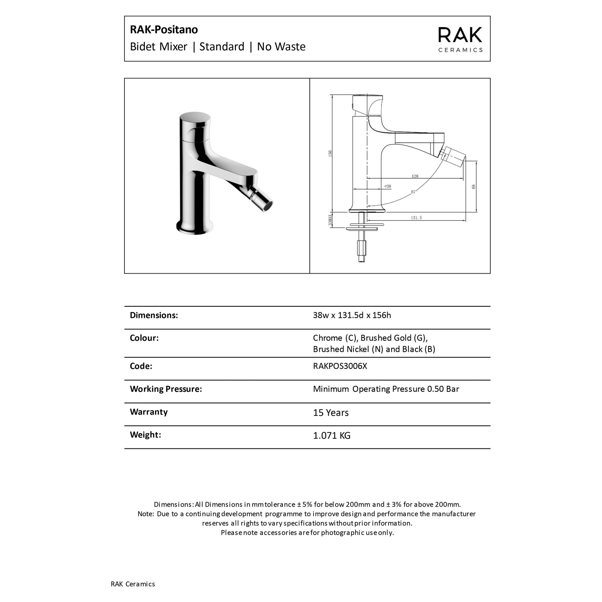 RAK Positano Single Lever Bidet Mixer Tap, Brushed Nickel, Solid Brass - 15 Year Guarantee