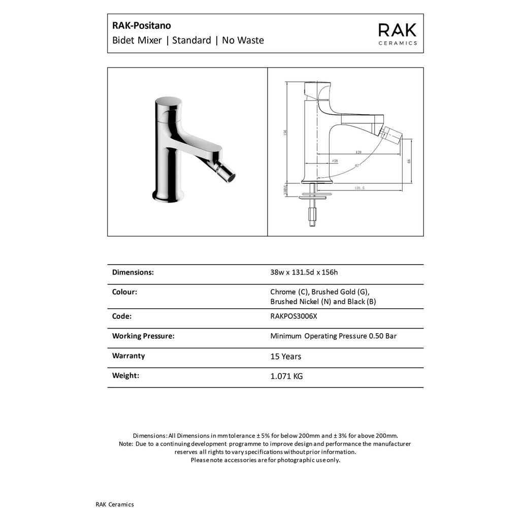 RAK Positano Brushed Gold Bidet Tap, Modern Mono Mixer - Solid Brass & 15 Year Guarantee