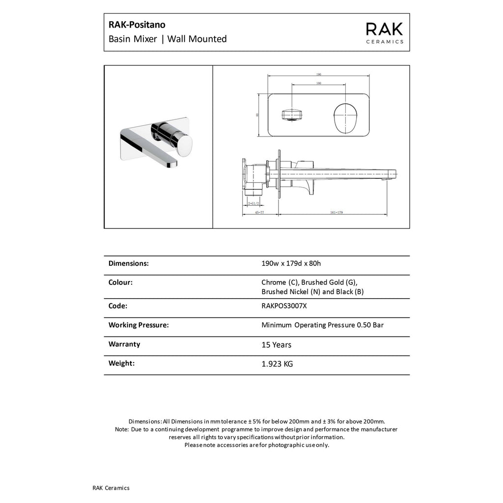 RAK Positano Matt Black Modern Wall Mounted Basin Mixer Tap - Durable Solid Brass Construction