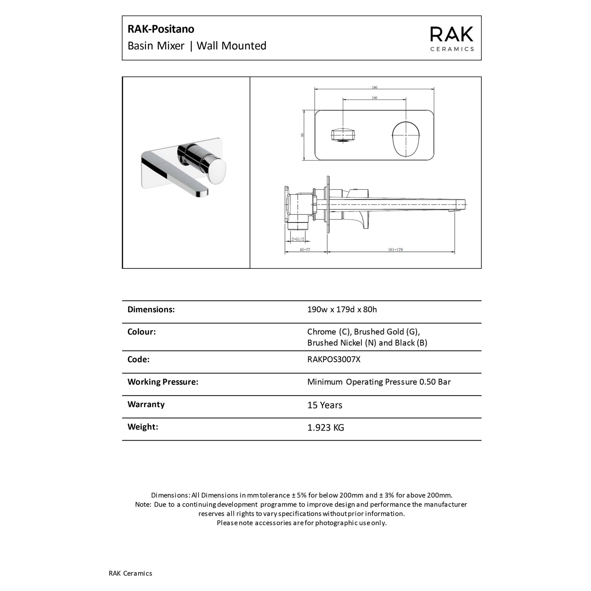 RAK Positano Wall Mounted Basin Mixer Tap - Modern Brushed Gold Solid Brass Design with 15-Year Guarantee