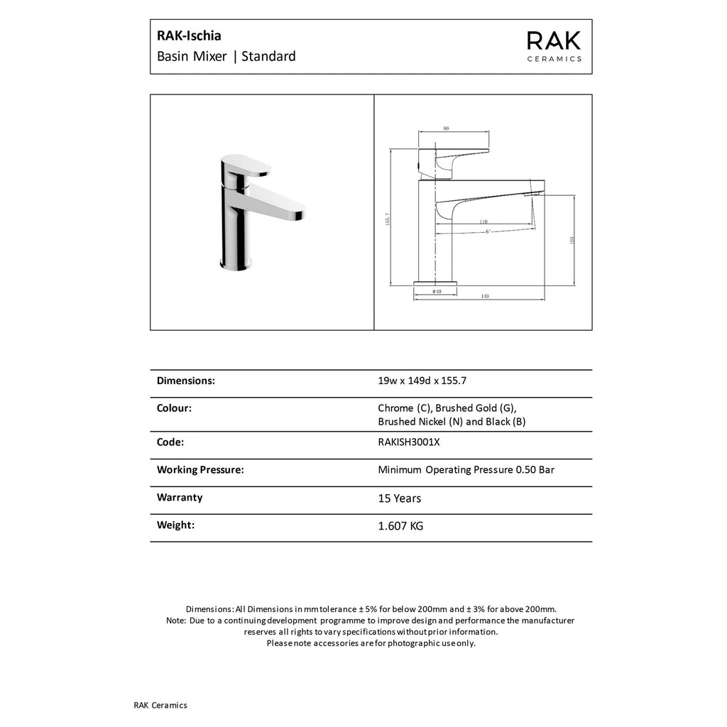 RAK Ceramics Ischia Matt Black Modern Basin Mixer Tap, Solid Brass, 15-Year Guarantee