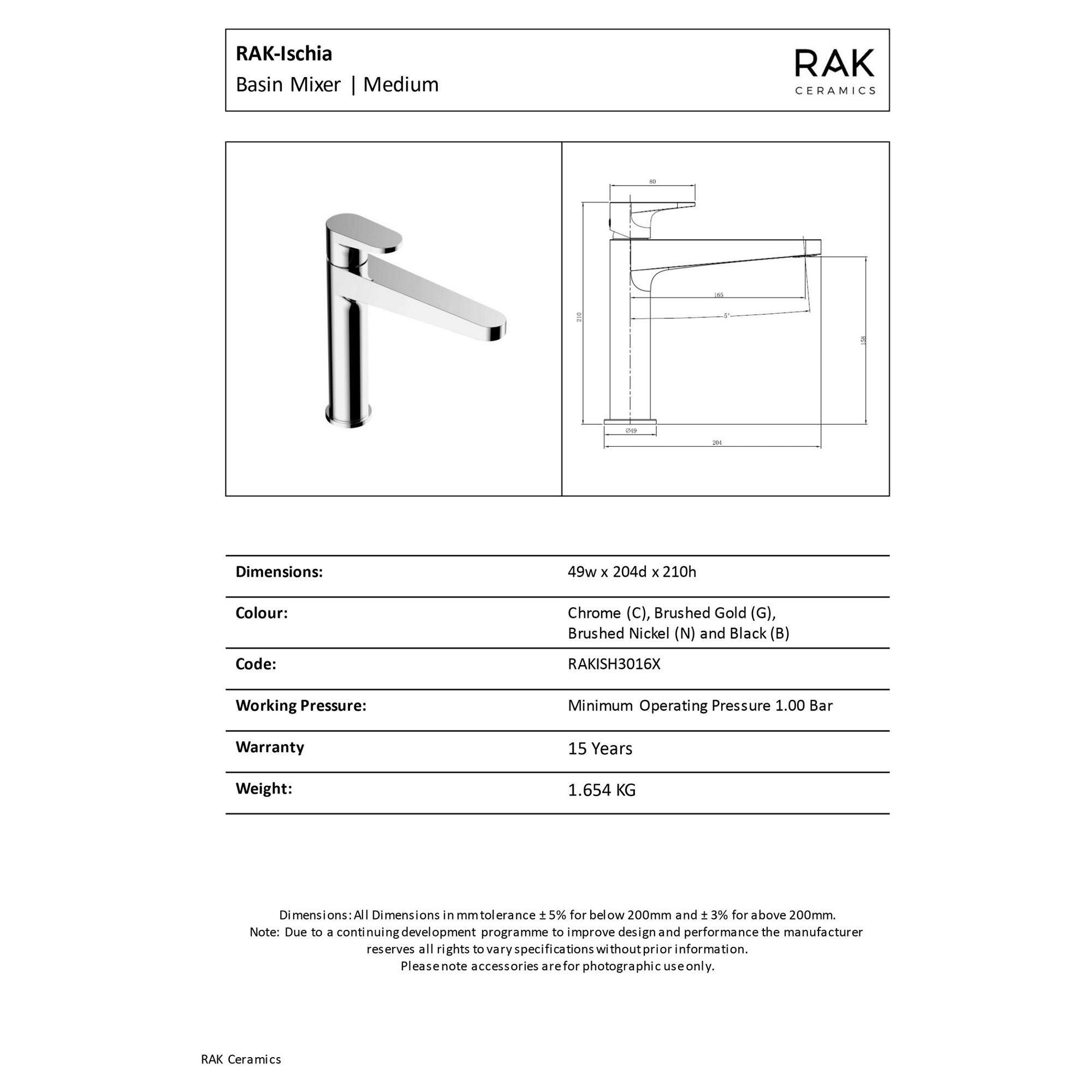 RAK Ischia Modern Basin Mixer Tap - Polished Chrome, Mid-Height, Solid Brass Construction for Lasting Style