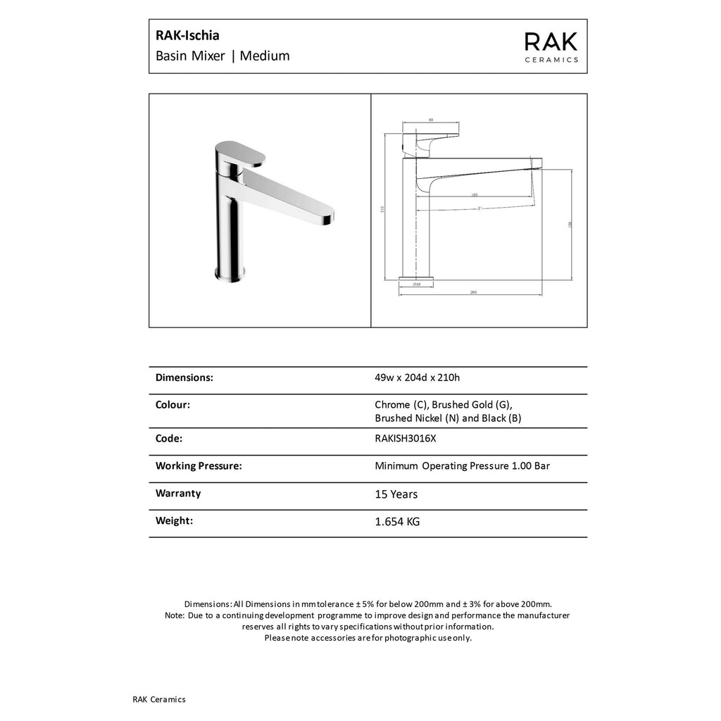 RAK Ceramics Ischia Mid-Height Basin Mono Mixer Tap - Premium Brushed Gold Finish & Solid Brass