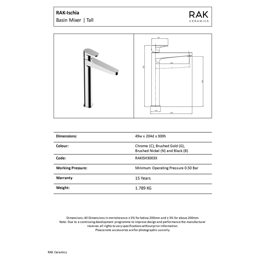 RAK Ceramics Ischia Tall Brushed Gold Basin Mixer Tap - Solid Brass, Single Lever