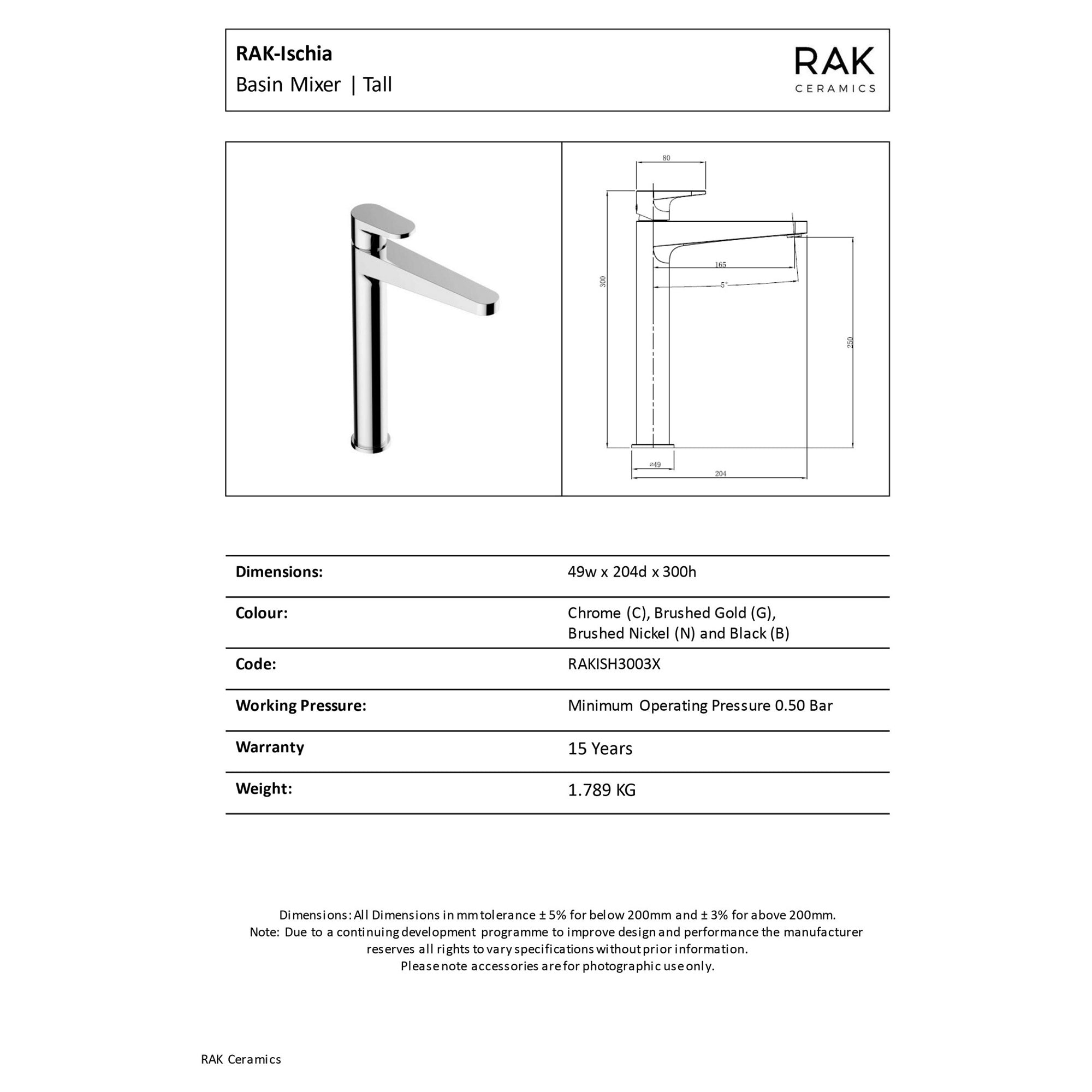 RAK Ceramics Ischia Tall Brushed Gold Basin Mixer Tap - Solid Brass, Single Lever