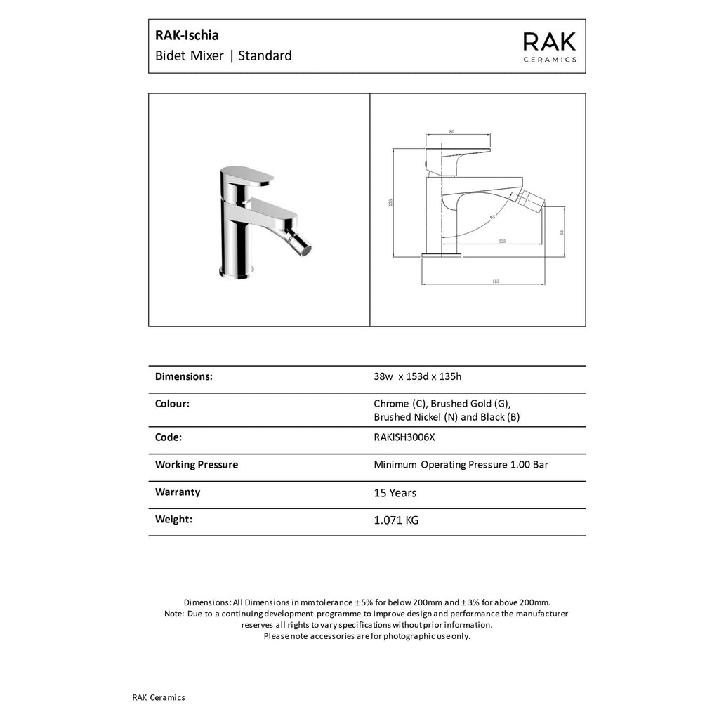RAK Ischia Brushed Gold Bidet Mixer Tap Solid Brass 15-Year Guarantee