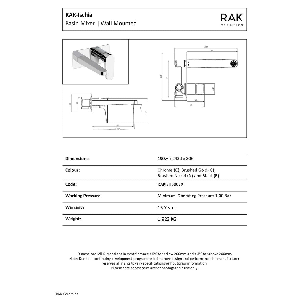 RAK Ischia Wall Mounted Matt Black Basin Mixer Tap, Premium Solid Brass, Modern Design