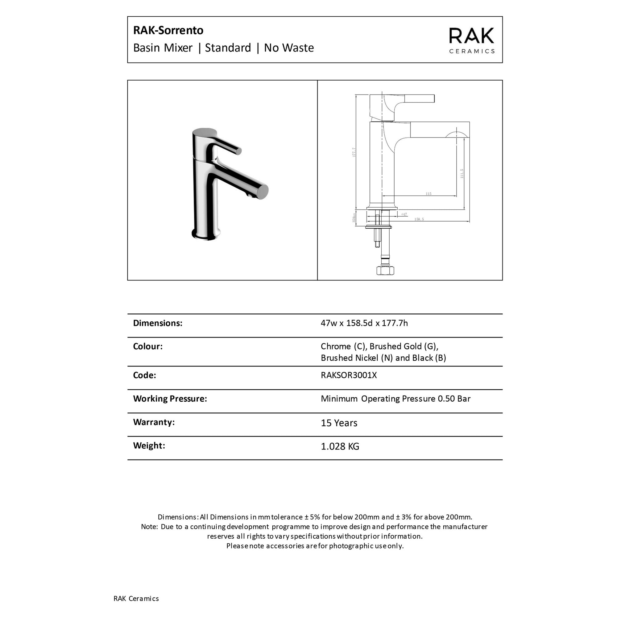 RAK Sorrento Brushed Nickel Basin Mixer Tap - Modern, Durable Solid Brass Design