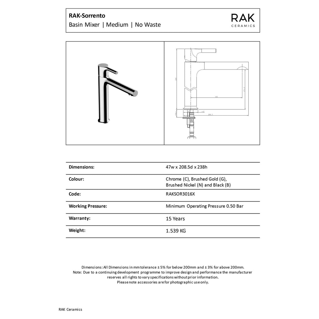 RAK Sorrento Matt Black Mid-Height Basin Mixer Tap, Solid Brass, Contemporary Design for Modern Bathrooms