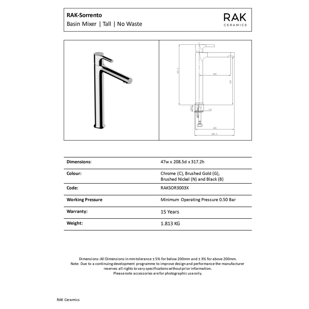 RAK Sorrento Tall Basin Mixer Tap - Polished Chrome, Modern Single Lever, Solid Brass