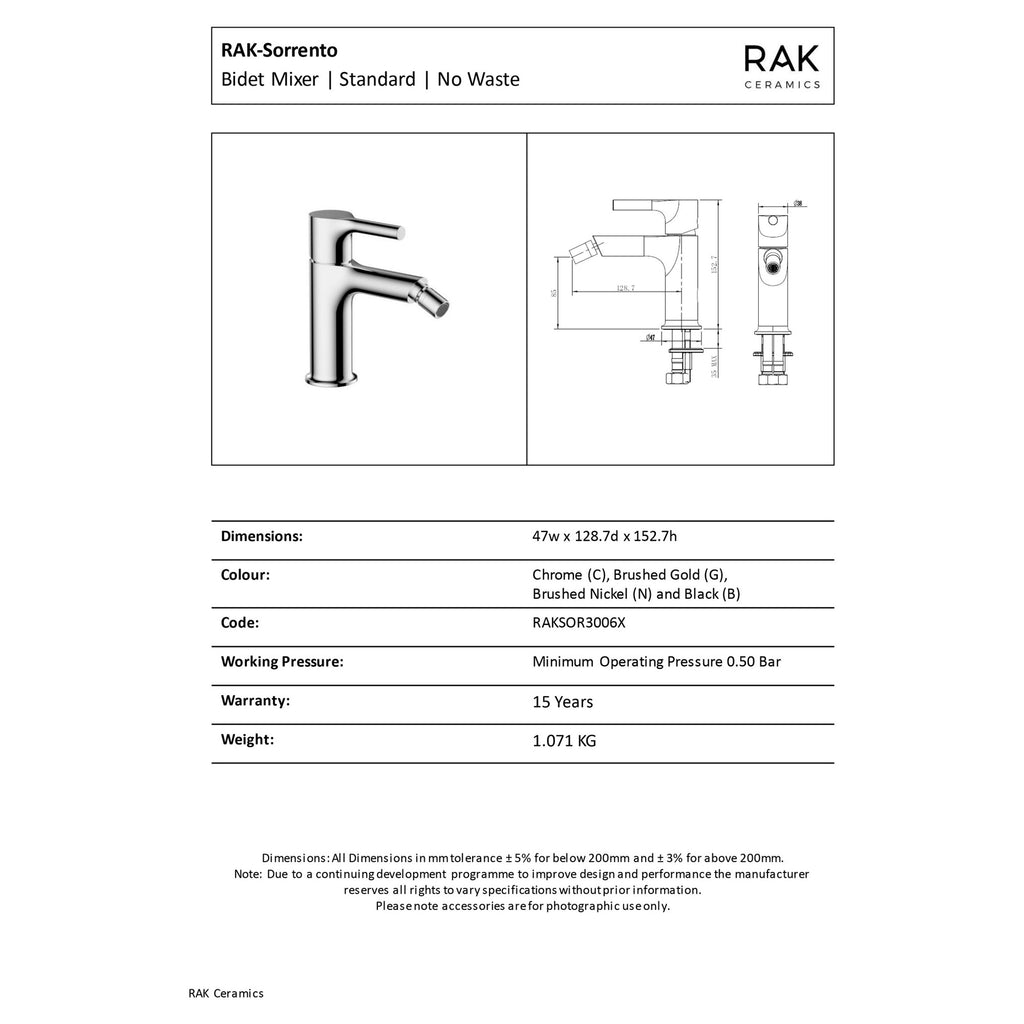RAK Ceramics Sorrento Matt Black Bidet Mixer Tap Solid Brass 15 Year Guarantee