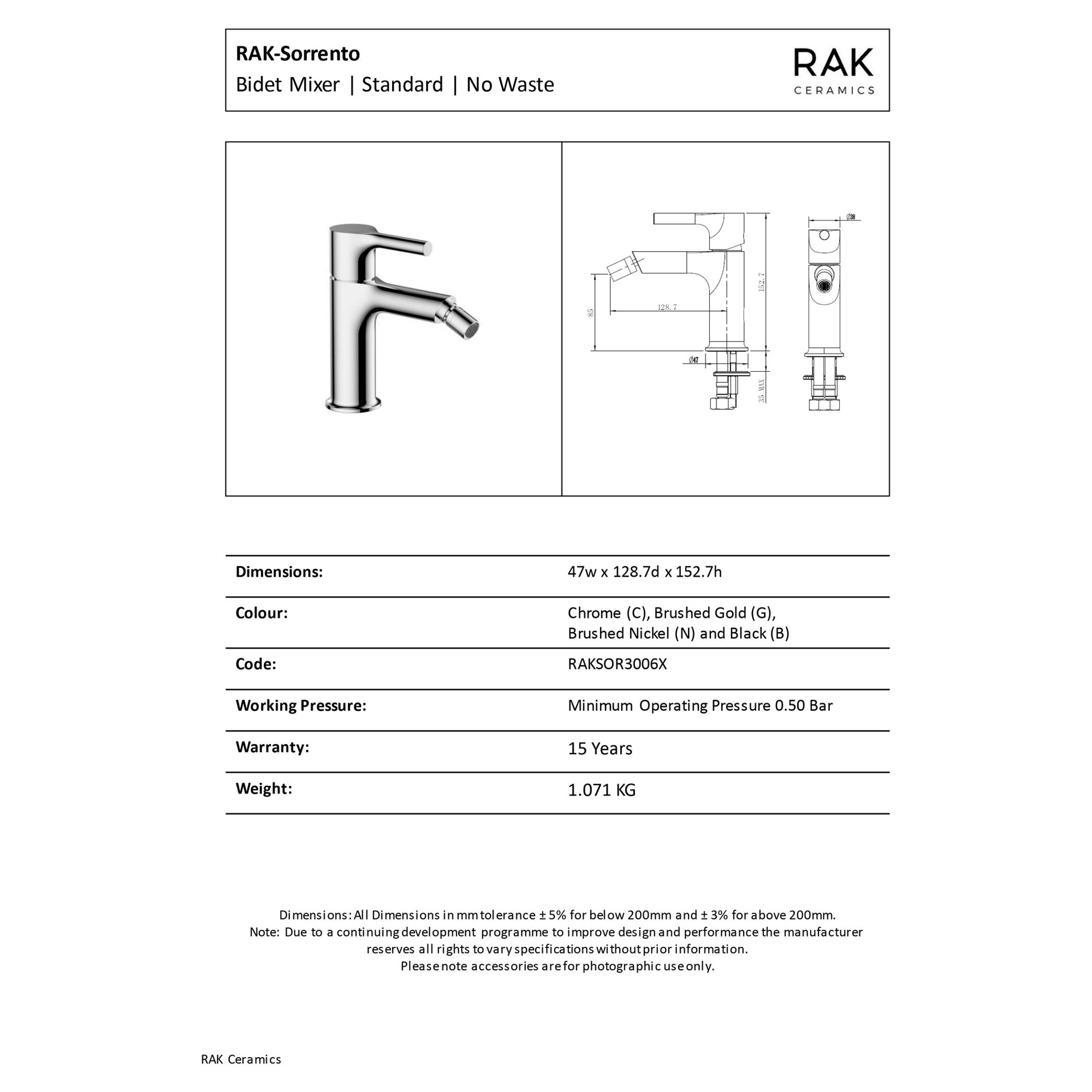 RAK Ceramics Sorrento Matt Black Bidet Mixer Tap Solid Brass 15 Year Guarantee